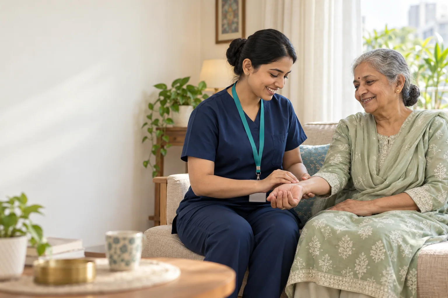 Illustrative nurse and older adult at home